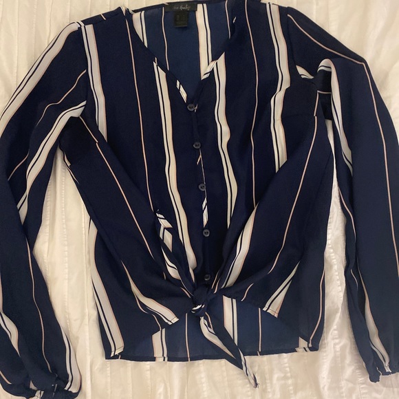 Striped tie up blouse - blue and white - Picture 1 of 4